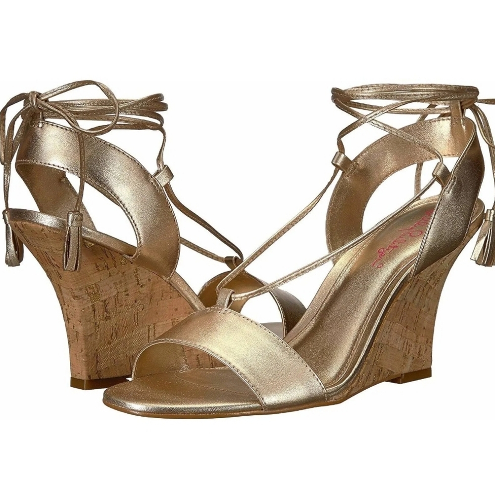 Lilly Pulitzer Cork Gold Leather Aria Wedge Sandals - Size 6 - Picture 3 of 8